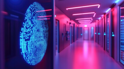 Healthcare digital transformation with holographic fingerprint in modern data center showcasing advanced technology and global connectivity