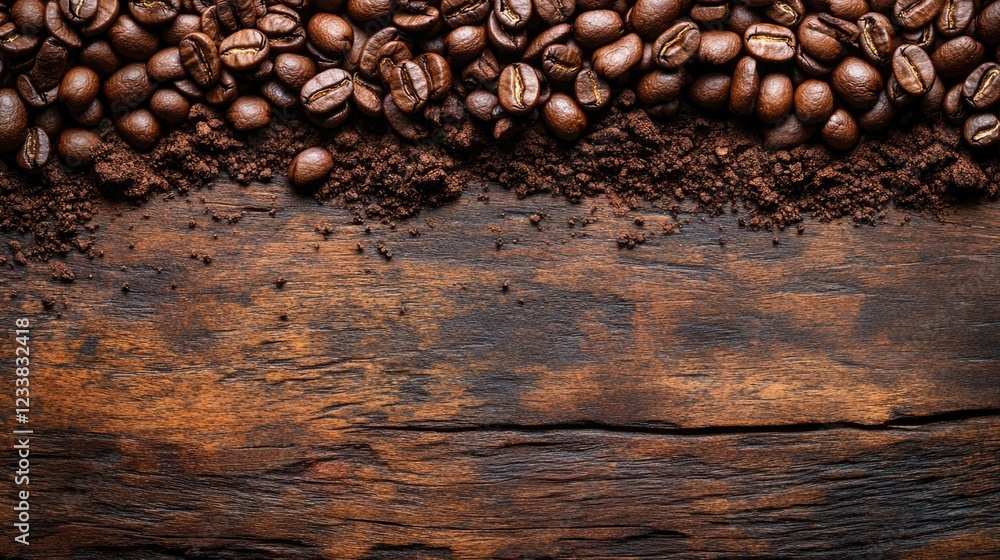 Poster coffee beans arranged on rustic wooden background with ground coffee creating an inviting atmosphere