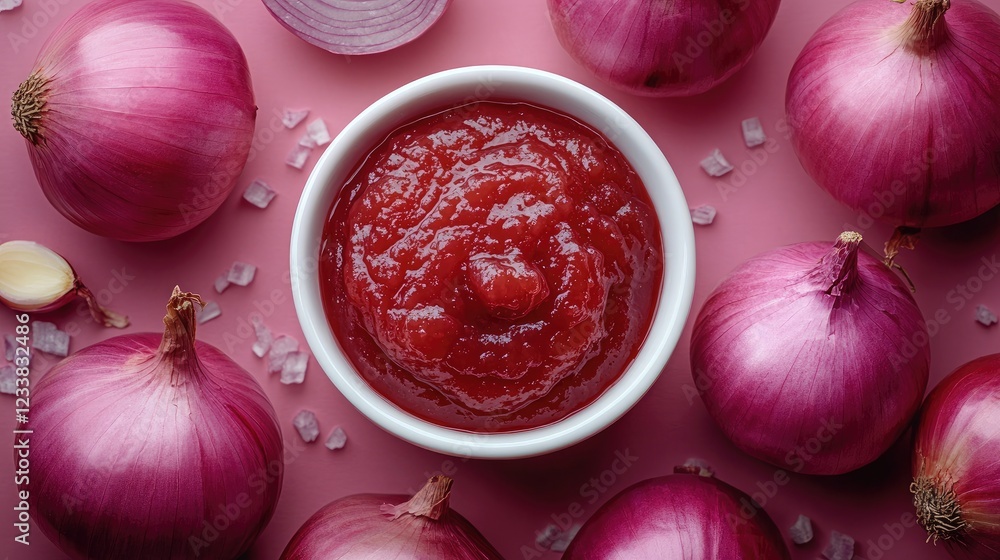 Aufkleber fresh onions arranged around a bowl of ketchup highlighting the flavor pairing of onion and tomato i