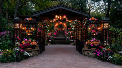 Fototapeta premium Illuminated garden entrance, autumn floral display, hillside setting, wedding venue