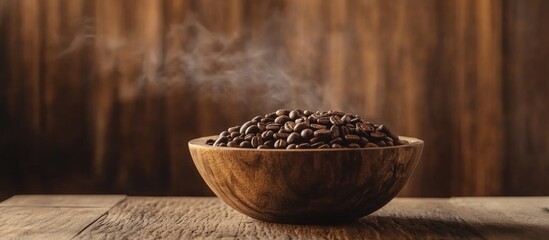 Steaming coffee beans in wooden bowl on wooden table with rustic brown background