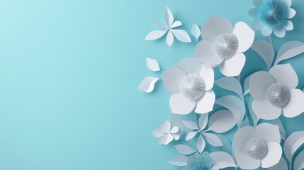 Elegant paper cut flowers in white and blue create a delicate springtime arrangement against a light teal background.