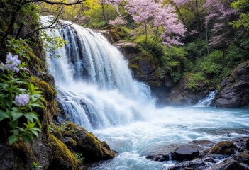 Fototapeta premium Majestic Waterfall Cascading Among Blooming Cherry Trees in Tranquil Forest. Generative AI