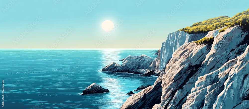Poster serene coastal cliffs and rugged shores with tranquil waters and expansive copy space for text integ