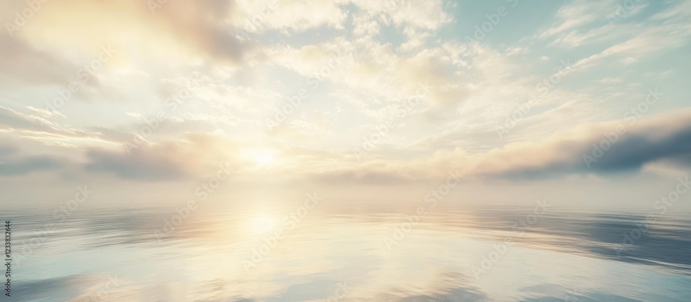 Poster tranquil sunrise over calm ocean with soft clouds and expansive empty space for customizable text or