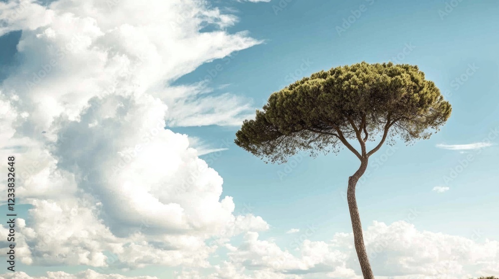 Poster tall slender tree reaching up to a cloudy sky with ample negative space for text placement and desig