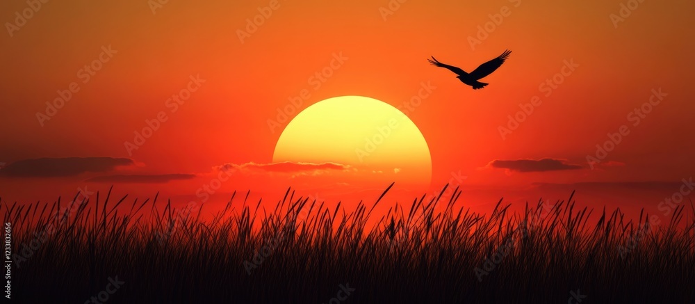 Poster serene sunset with silhouette of grass and bird in flight featuring ample space for text placement