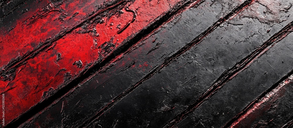 Poster abstract textured background of black wood with red streaks and weathered appearance suitable for us