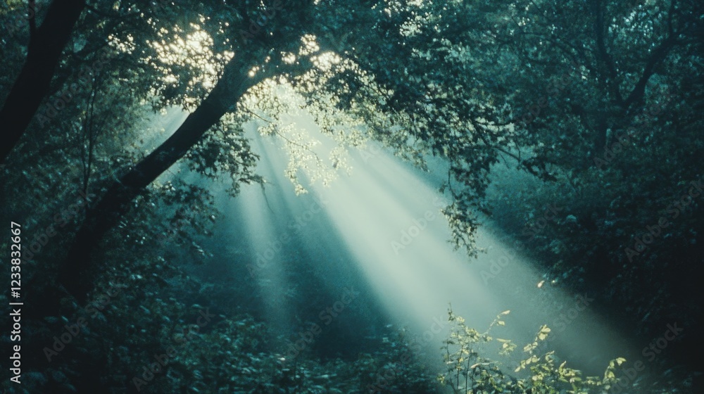 Poster sunlight shining through dense forest canopy creating mystical atmosphere with space for text overla