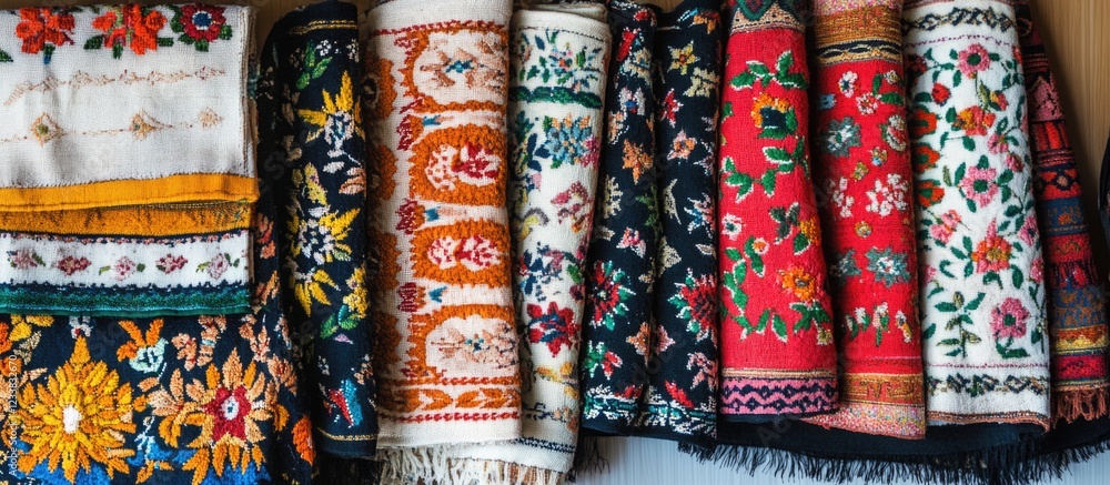 Poster colorful traditional embroidered textiles displayed in a row with intricate floral patterns and deco