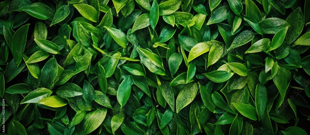 Poster dense green leaf background texture with various shades of green and glossy surfaces suitable for na