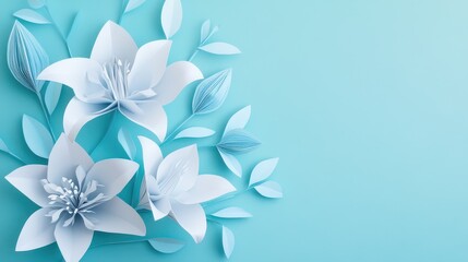 Elegant paper cut flowers in white and blue create a delicate springtime arrangement against a light teal background.