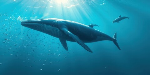A large baleen whale, a smaller whale, and a dolphin swim in blue ocean water. Sun rays shine down from the surface, illuminating a school of small fish.