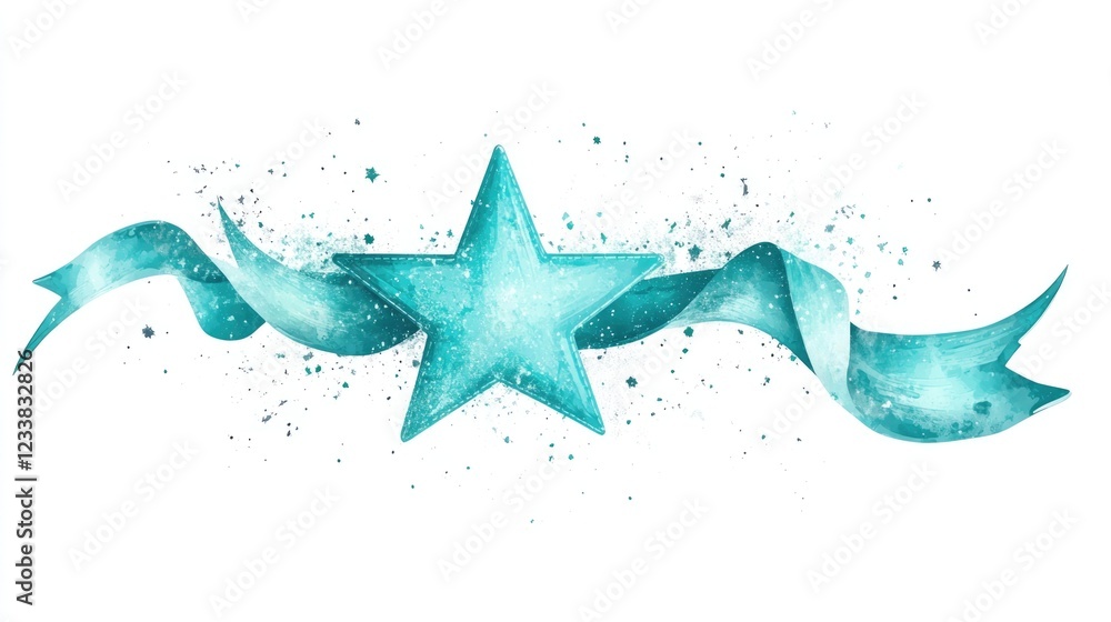 Poster teal star border banner with ribbons and splash elements on white background for custom text or desi
