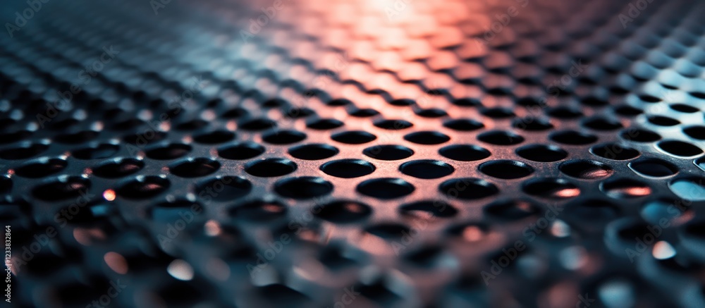 Poster close-up view of perforated metal surface with bokeh effect and dramatic lighting copy space