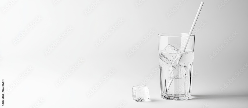 Poster refreshing beverage with ice cubes and long straw in clear glass on white background with glass of w