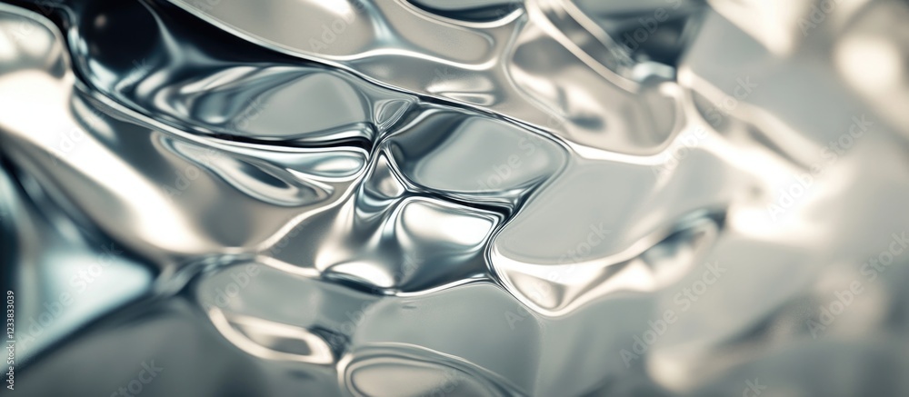 Poster abstract close-up of crumpled metallic foil with reflective surface and soft focus copy space