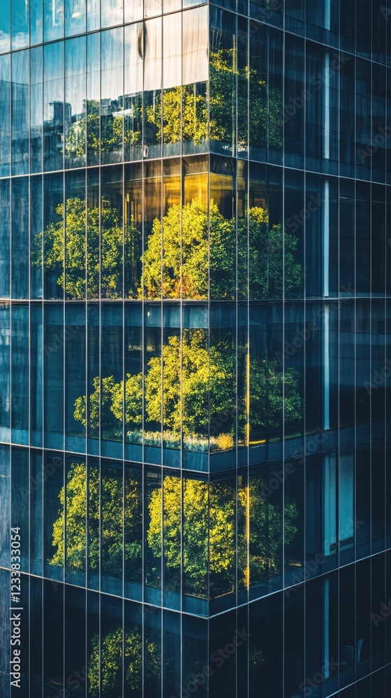 Poster modern building with glass facade reflecting green trees and warm light creating abstract pattern