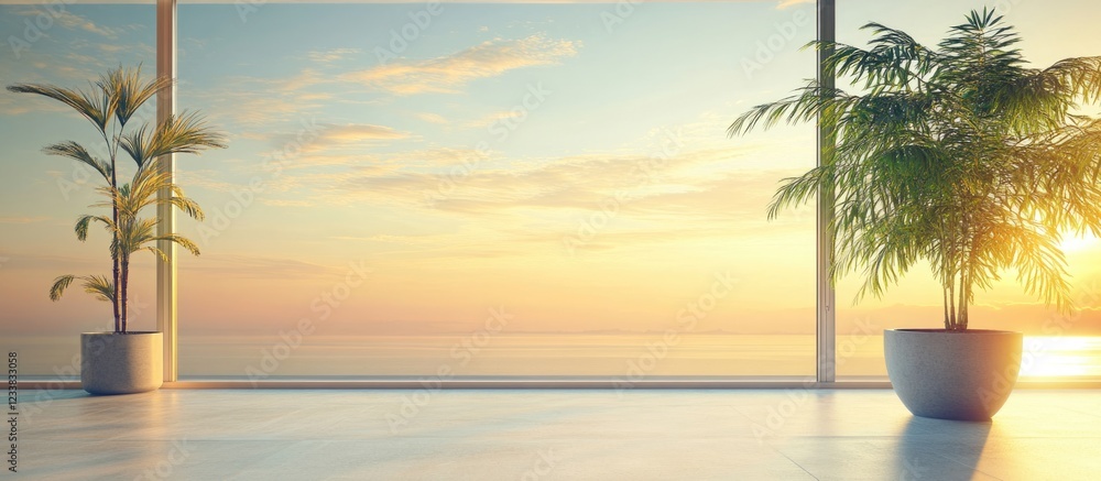 Aufkleber serene interior with sunrise view showcasing plants and ample empty space ideal for text placement i