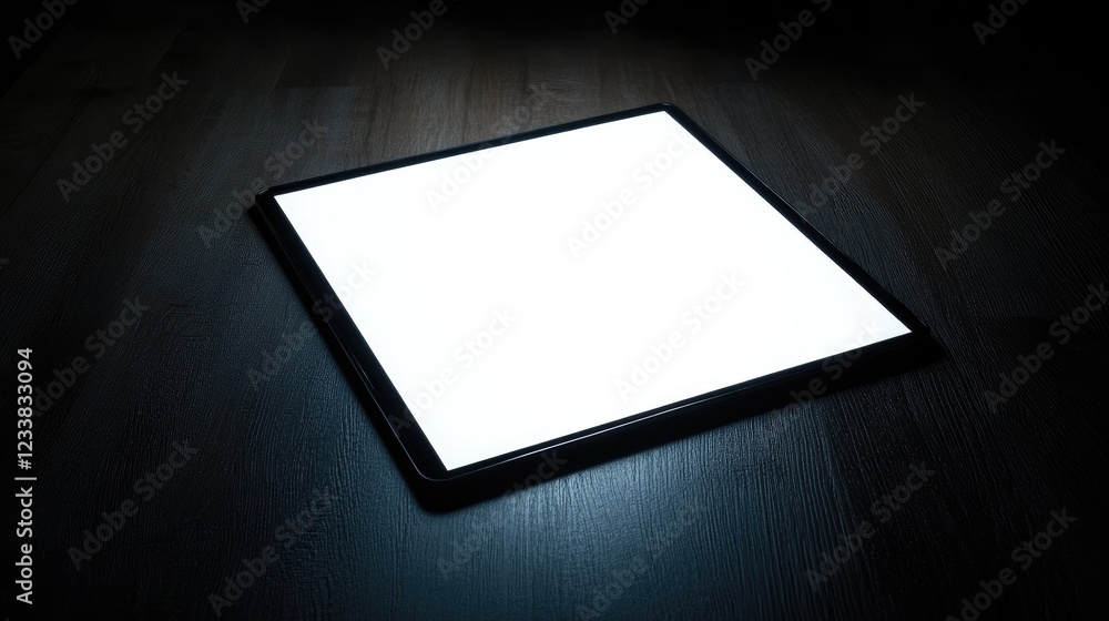 Poster blank tablet computer display on dark table surface with soft lighting