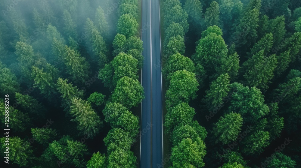 Poster aerial view of a straight road lined with tall green trees providing ample empty space for text or a