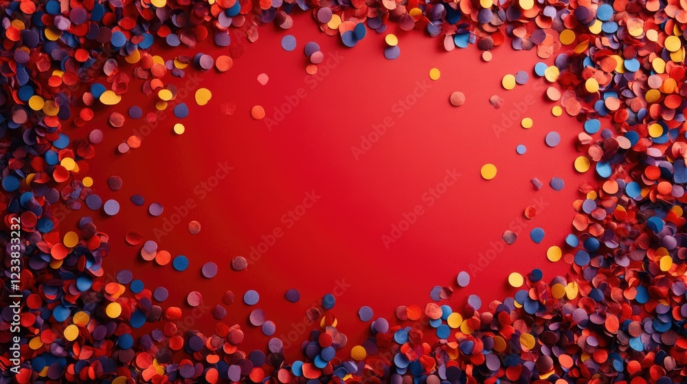Poster colorful confetti circles scattered on vibrant red background creating a festive atmosphere with cle