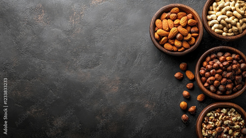 Poster top view of various nuts in wooden bowls on a rustic table with space for text promoting healthy eat