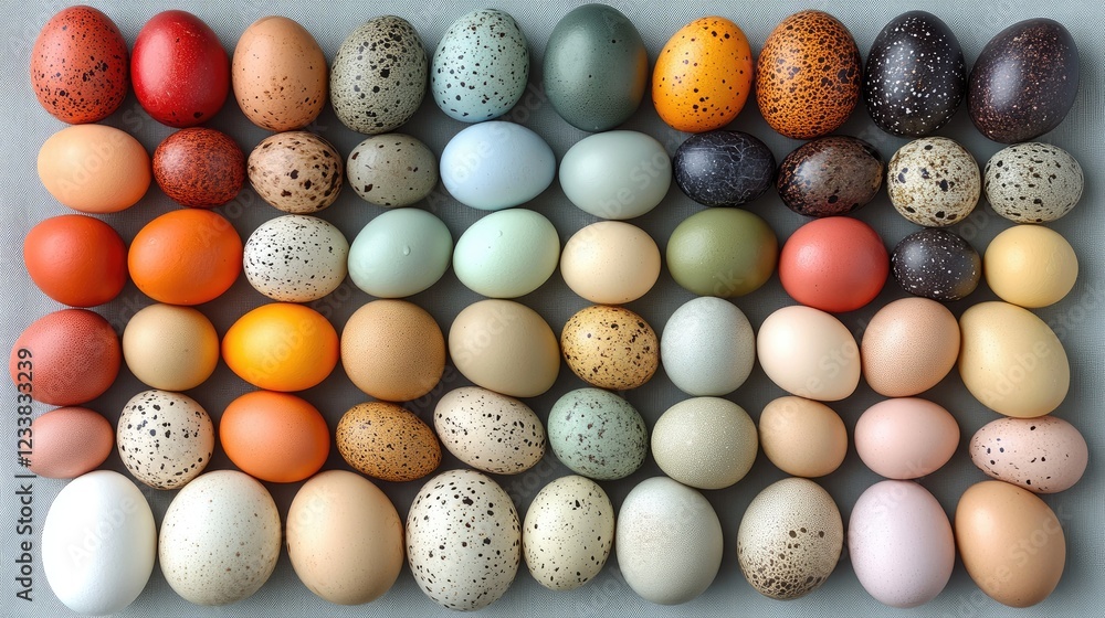 Poster assorted colorful eggs arranged on fabric showcasing diverse shapes and textures in a top view layou