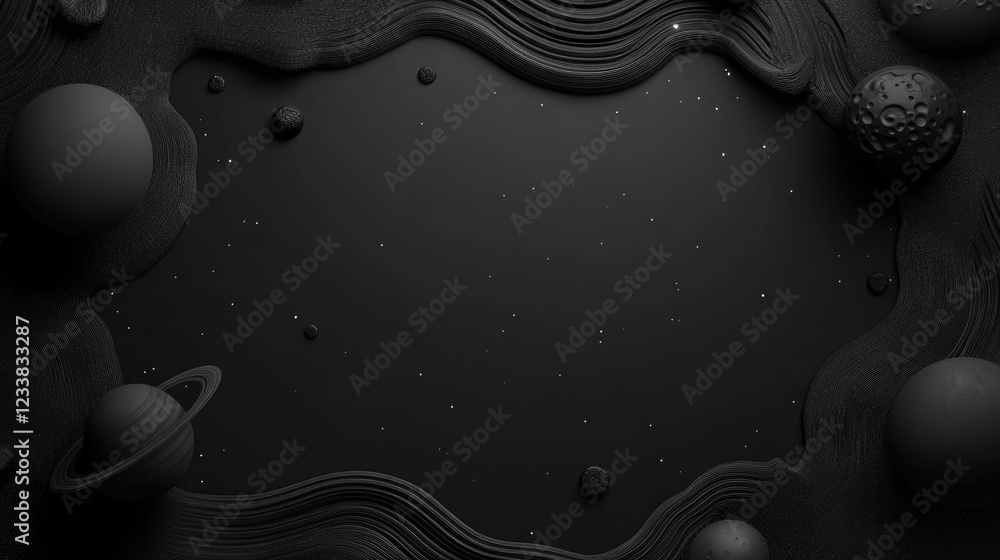 Poster modern black space-themed design featuring textured celestial bodies and ample copy space for text o