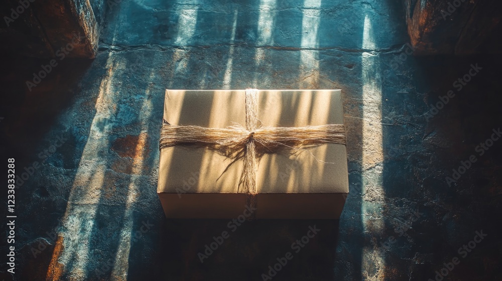 Poster top view of a sealed box wrapped with twine illuminated by smoky light and shadows on a textured sur