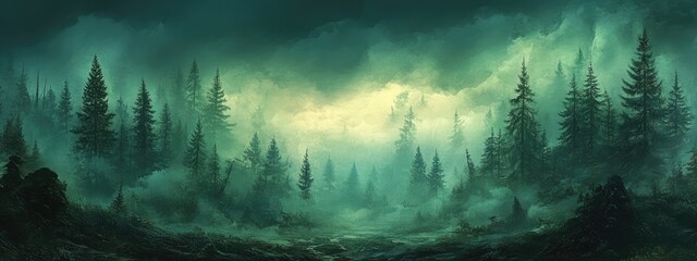 Mysterious forest landscape with dark pines under misty clouds panoramic view empty space for text enchanting natural scenery