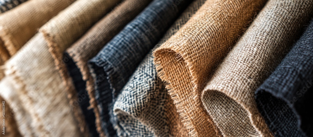 Poster Assortment of rolled burlap fabric in earthy tones displaying texture and weave pattern close-up