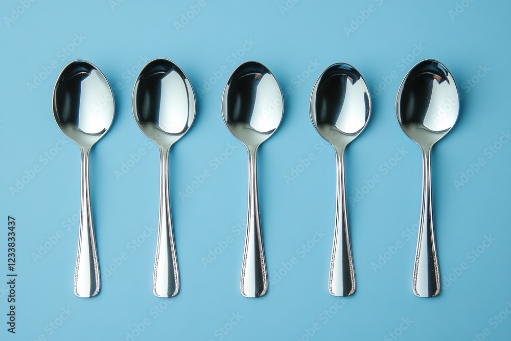 Poster five shiny silver spoons arranged neatly in a row on a solid light blue background simple design