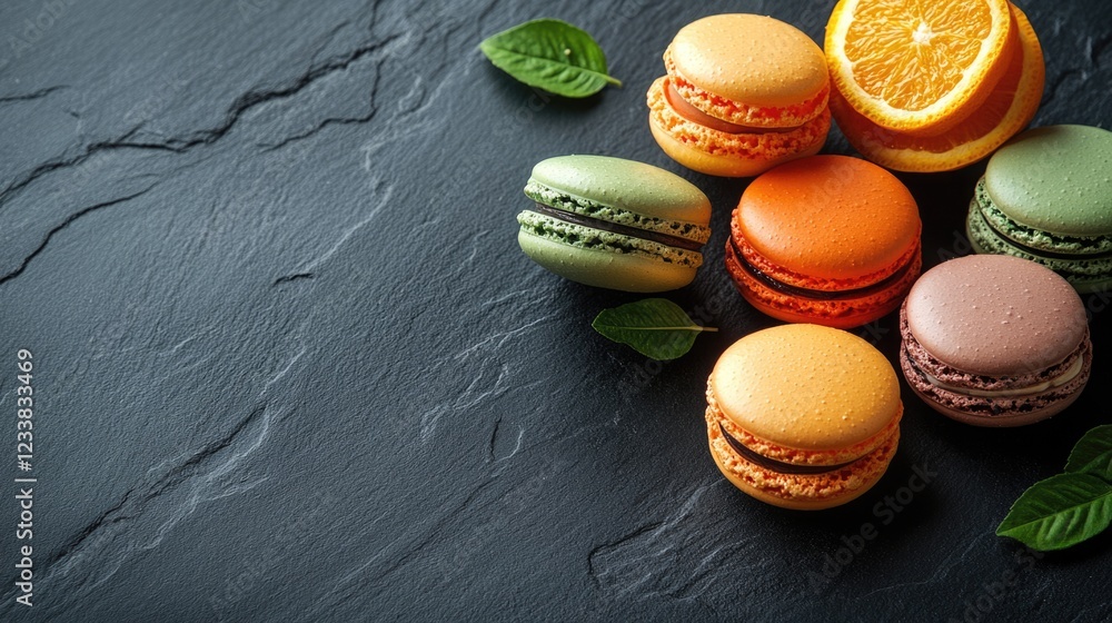 Aufkleber colorful macarons and fresh orange slices on dark stone background with empty space for text and dec