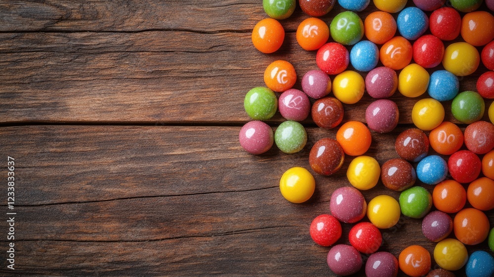 Poster colorful candies scattered on a rustic wooden background creating a vibrant texture with ample space
