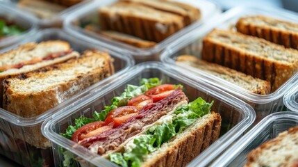 Healthy packed lunch boxes with sandwiches and fresh ingredients ready for desk enjoyment and convenient meal prep on a busy day
