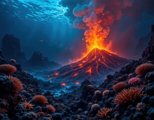 An underwater volcano erupts, spewing lava and smoke. Orange corals and fish populate the surrounding seabed. Dark rocks and glowing lava contrast with the blue water