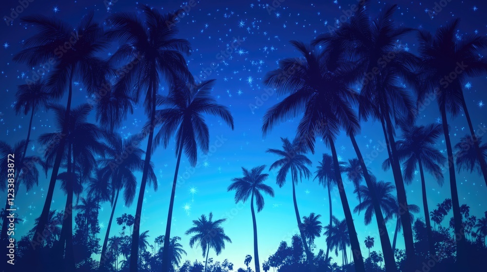 Poster silhouetted palm trees against a vibrant twilight sky filled with stars providing ample empty space 