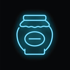 Neon sign showing a glass jar with jam and a blank label is glowing on a black background