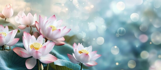 Serene Mid Autumn Festival Card Featuring Elegant Pink and White Lotus Flowers with Soft Bokeh Background and Space for Text Insert