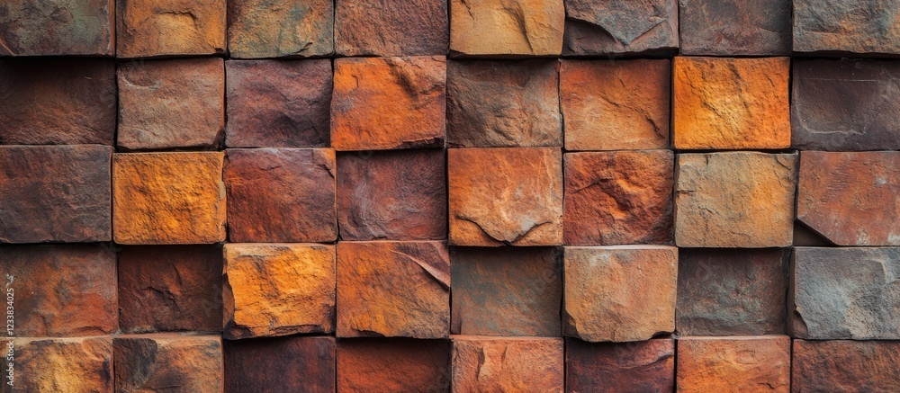 Aufkleber rustic stone tile wall with reds and browns in textured square pattern