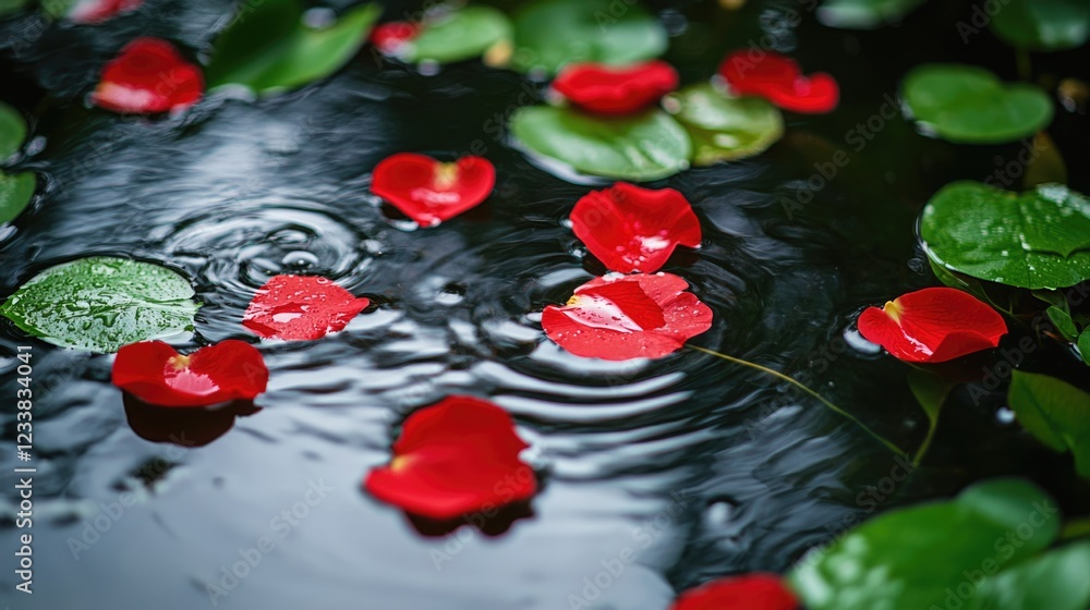 Poster serene red rose petals floating on water surrounded by green leaves creating a refreshing atmosphere