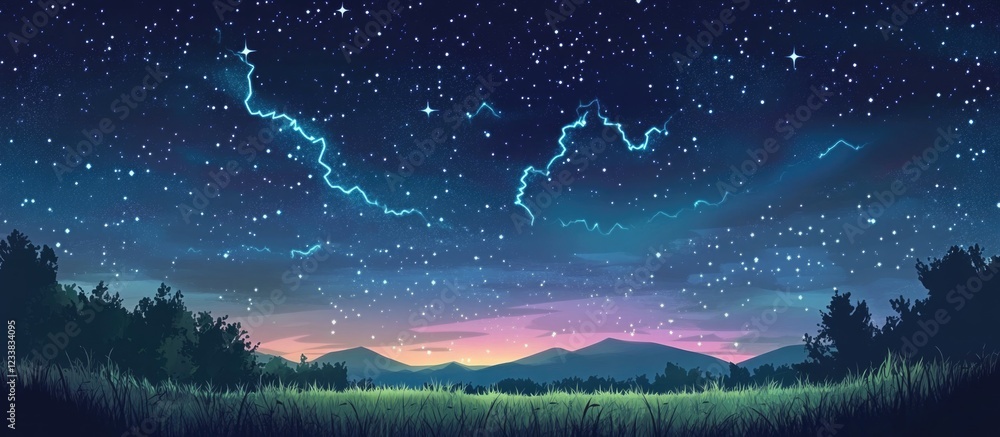 Aufkleber vibrant night sky with colorful lightning and ample blank space for text over mountains and trees un