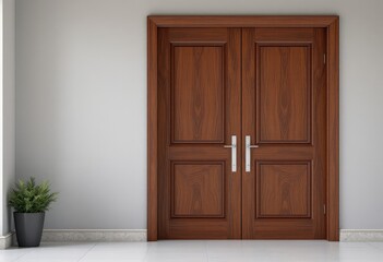Elegant dual wooden doors with intricate paneling and chrome handles stand against a plain wall