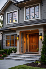 Obraz premium Luxury Modern Home Exterior: Gray Facade, Stone Accents, and Evening Lighting