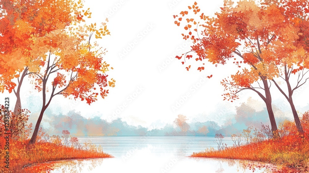 Poster autumn lake landscape with tall trees and vibrant foliage creating a tranquil scene perfect for addi