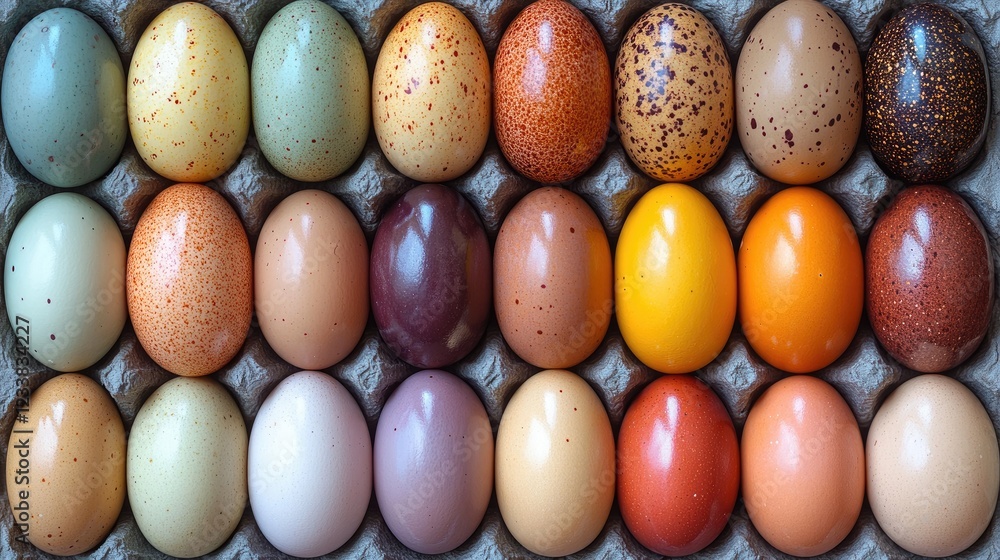 Poster assorted colorful eggs displayed on a textured fabric background arranged in a grid pattern for deco