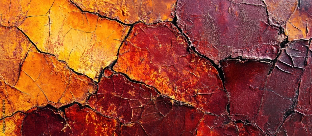 Poster cracked paint texture background in warm red and orange tones with deep crevices and space for text
