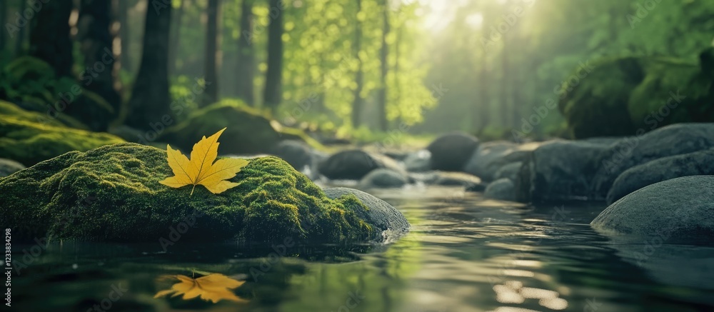 Poster leaf on mossy rock in forest stream with sunlight filtering through trees