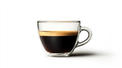 A glass coffee cup with rich espresso crema, perfectly placed in the center on a white background